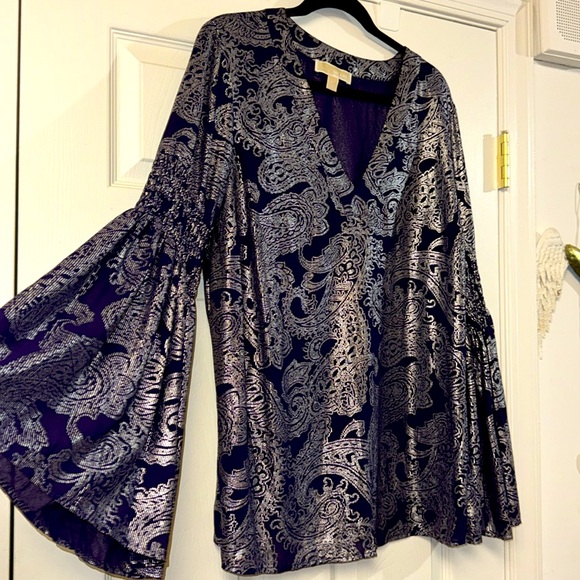 Michael Kors dark purple silver print v neck long statement sleeve dressy top 0X - Picture 2 of 10